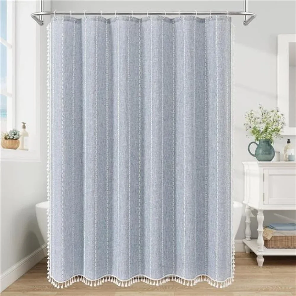 Blue Boho Fabric Shower Curtain, Modern Farmhouse Polyester Linen Shower Curtain